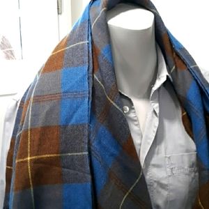 Merino wool brown and blue plaid large scarf